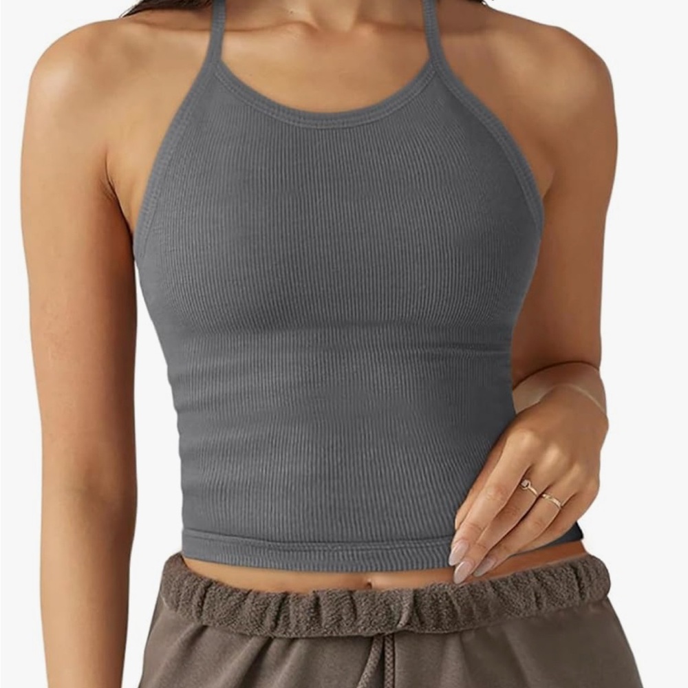 Gray Sleeveless Athletic Crop Top with High Neckline and Spaghetti Straps